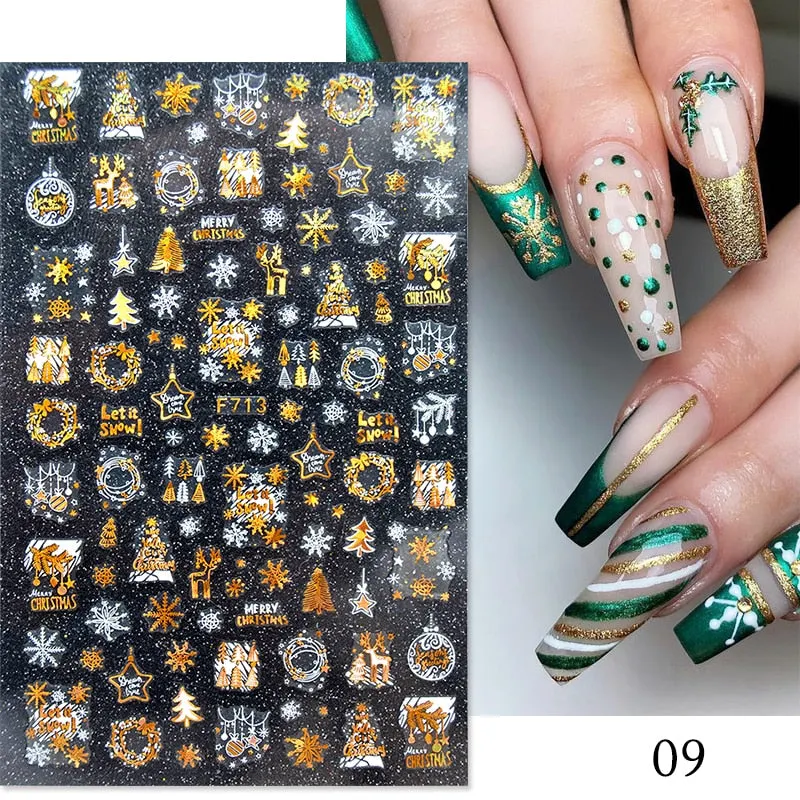 3D Christmas Nail Art Decoration Stickers Sparkly Gold White Colorful  Glitter Geometry Snowflake Winter Slider Nail Foils-Nail Inspo