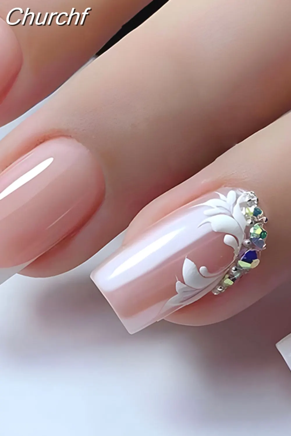 Churchf White Black Short False Nails with Rhinestone Design Fake Nails Press on Nails Acrylic Full Cover Nail Art Tips 1020-0-Nail Inspo