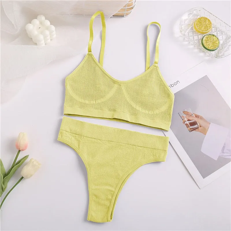 FINETOO Women Bra Set Female Underwear Bralette Ribbed Tops Girls Sexy Lingerie Basic Stretchy Brassiere Tank Crop Tops Suit New