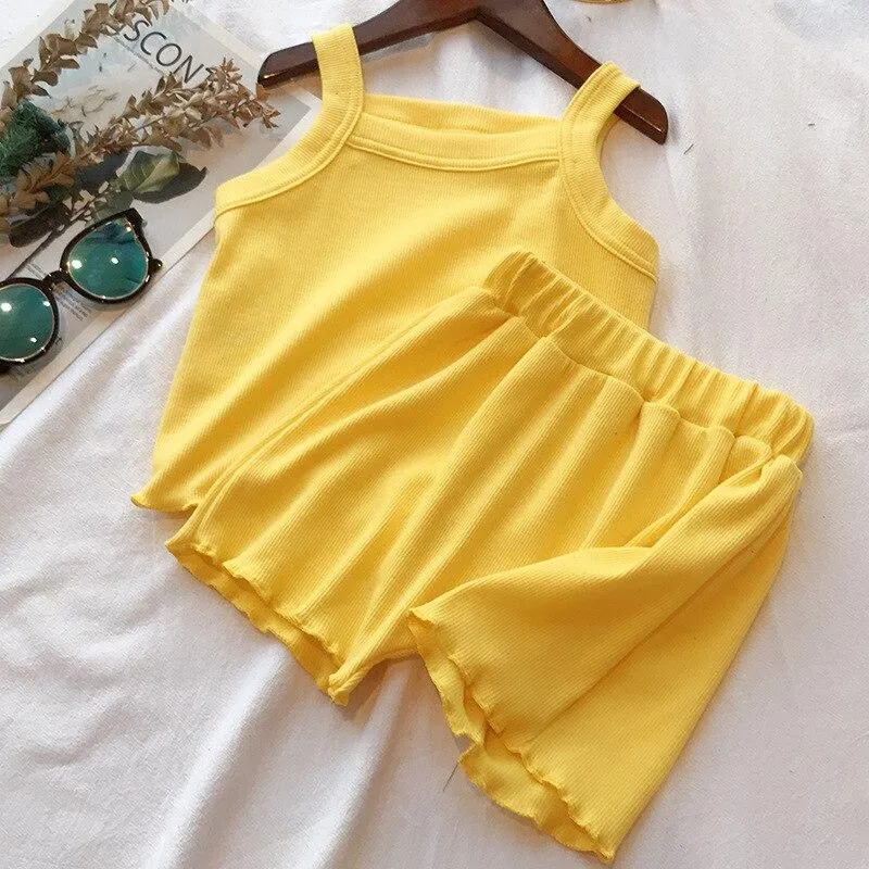 Baby Girls Suspender Vest T-Shirt Shorts Pants 2Pcs Sleeveless Summer 1 2 3 4 5 Year Toddler Kids Outfits Children Clothing Set