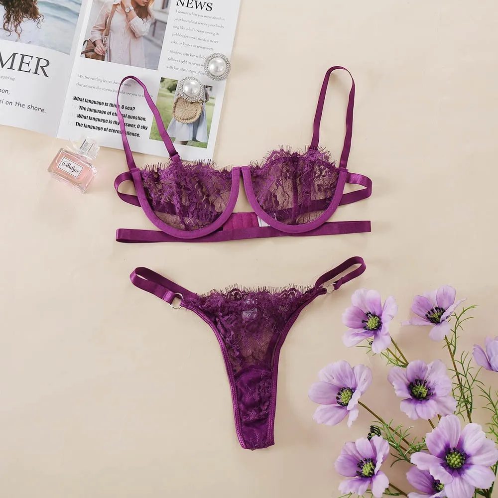 Ellolace Sexy Women's Underwear Lingerie Transparent Bra Low Cup Lace Underwear Set Lenceria Sexy Lingerie Set Bra And Panty Set 514-1