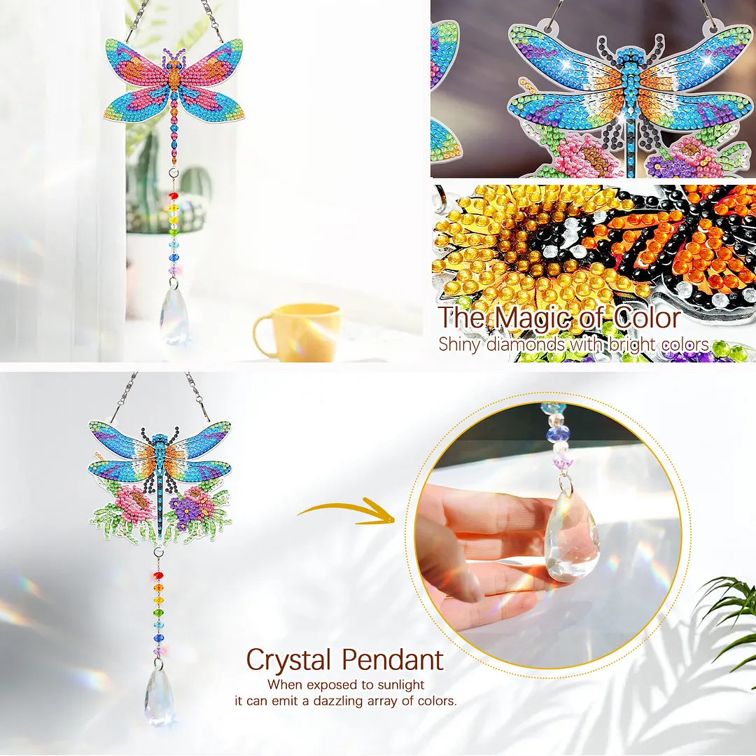 2Pcs Dragonfly DIY Acrylic Diamond Painting Art Wind Chimes with Crystal Pendant Diamond Art Hanging Pendant Double-Sided for Adults Beginners Gift Home Garden Decor