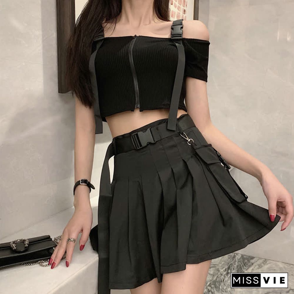 Gothic Off The Shoulder Buckle Strap Zipper Crop Top Belted Pleated Skirt