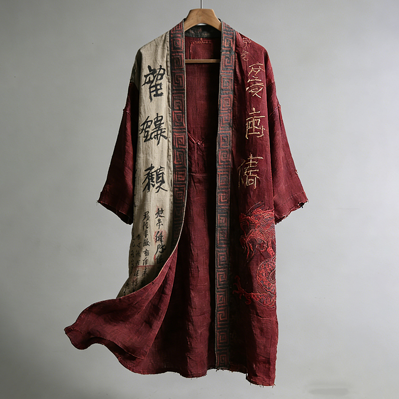Men's Japanese Dragon Pattern Calligraphy And Painting Art Linen Long Kimono artswardrobe