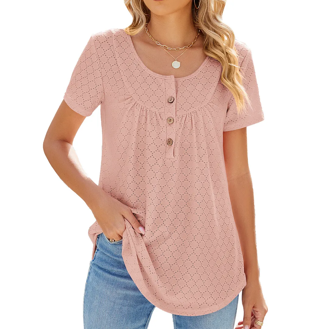 Churchf Churchf 2024 New Circle Draw Pleated Button Short Sleeve Swallow-Tailed T-Shirt Top