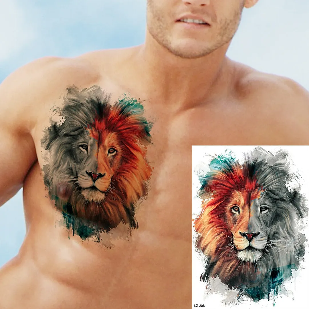 Large Lion Temporary Tattoos For Men Adults Realistic Totem Watercolor Tiger Fake Tattoo Sticker Chest Body Tatoos Waterproof