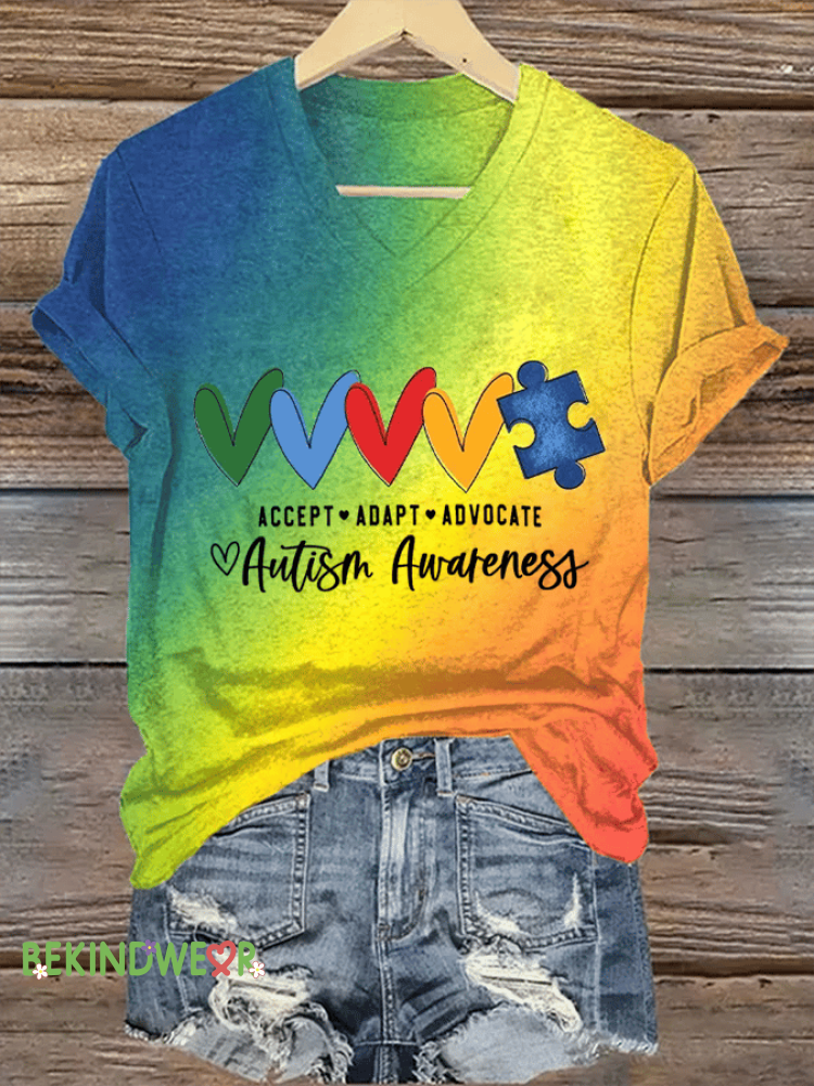 Women&rsquo;s Autism Awareness&iexcl;&deg;Autism Accept Adapt Advocate&iexcl;&plusmn; Print Contrast T-shirt Colorful / S