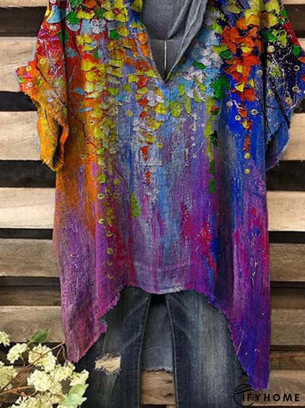 Short Sleeve Floral-Print V Neck Casual Top | IFYHOME