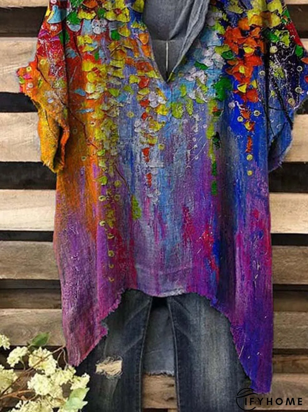 Short Sleeve Floral-Print V Neck Casual Top | IFYHOME