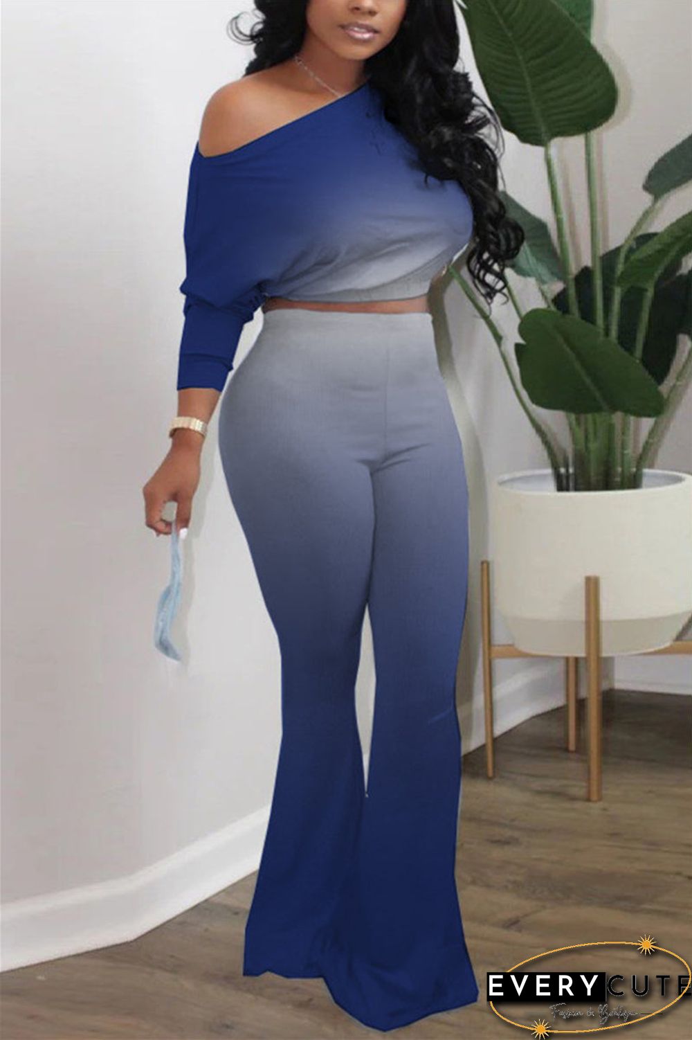 Fashion Long Sleeve Oblique Collar Regular Sleeve Short Gradual Change Print Two Pieces