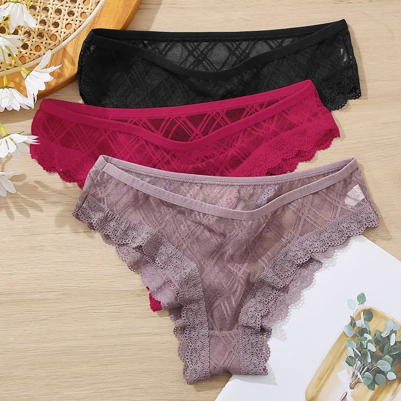 FINETOO M-2XL Sexy Lace Panties Women 3Pcs/set Low Waist Lattice Underwear Ladies Transparent Panty Female Underpants Lingerie