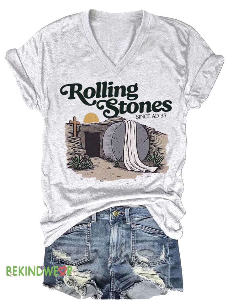 Women&rsquo;s Rolling Stones SINCE AD 33 V-neck Casual T-Shirt White / S