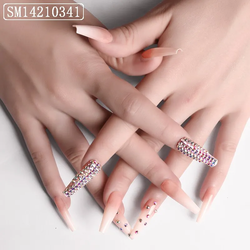 Luxury Fake Nails Designer Extra Long French Jewelry designed Nails Natural Stones Rhinestone Coffin False Nail Decoration Tips-Nail Inspo
