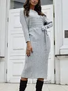 Off-The-Shoulder Long Sleeve Loose Solid Color Belted Knitting Midi Dress