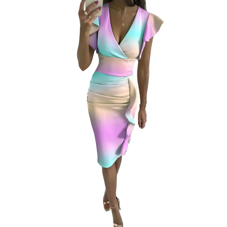 Uveng Uveng New Multi-Color Printing Dress V Collar Lotus Edges Sexy High-Waisted Dress