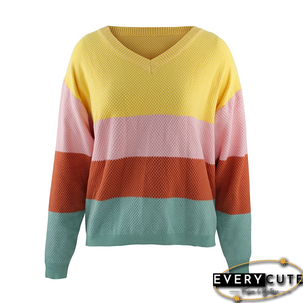 Yellow Colorblock V Neck Pullover Sweater