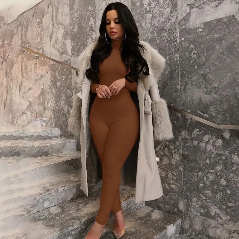 Hugcitar Long Sleeve Solid Turtleneck Skinny Bodycon Jumpsuit Autumn Winter Women Fashion Streetwear Casual Romper