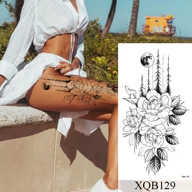 Waterproof Temporary Tattoo Sticker Old School Rose Lotus Flash Tattoos Flower Lace Body Art Arm Fake Tatoo Women Men
