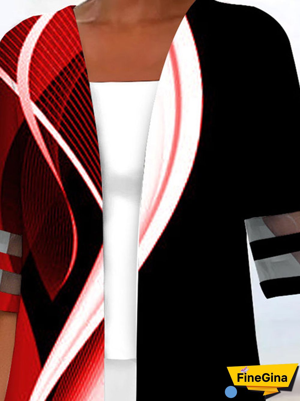 Women Half Sleeve Scoop Neck Striped Printed Colorblock Two-Pieced Tops