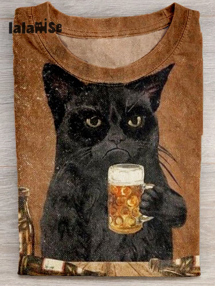 Drinking Cat Art Print Crew Neck Casual T Shirt Brown / S Cute - Cats