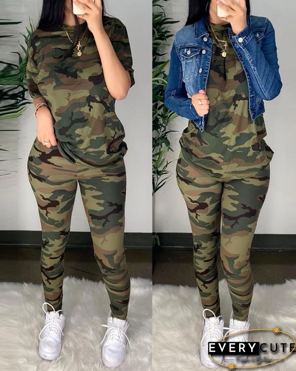 Camouflage Half Sleeve Top & Fitted Pants Set