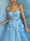Sky Blossom Baby Light Pale Blue Prom Dress 3D Flowers Floral Applique Thin Spaghetti Strap Tulle A Line High Leg Split Formal Sweetheart