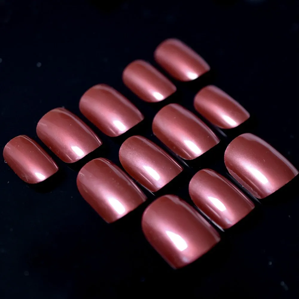 Shiny Glossy Red Wine Fake Nails Short Dark Color Beautiful Ladies Decoration Nail Tips 24pcs/kit with glue sticker-Nail Inspo