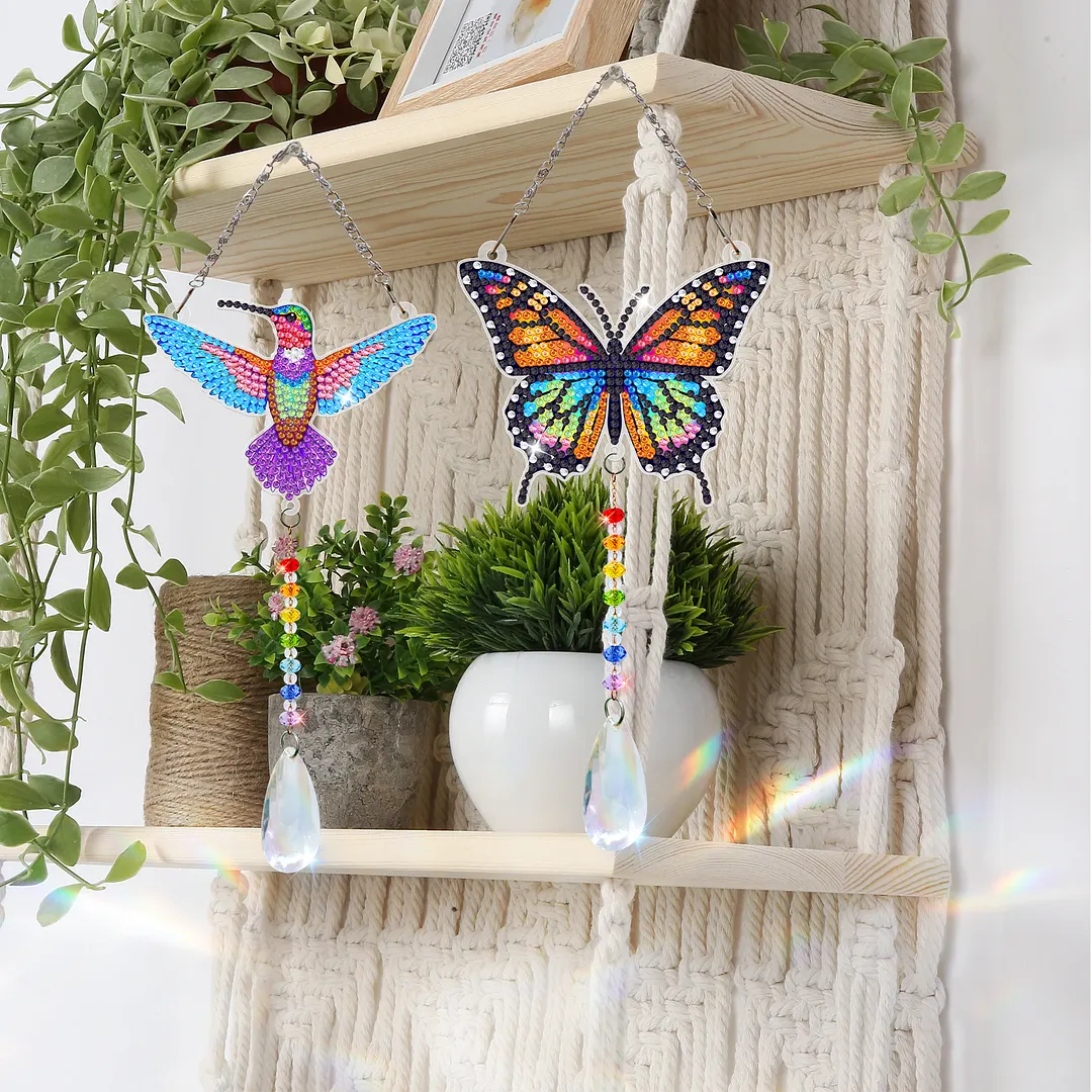 2Pcs Beautiful Butterflies and Hummingbirds DIY Double-Sided Diamond Painting Hanging Kits Diamond Painting Suncatcher Craft Kit for Home Garden Wall Decor Gift