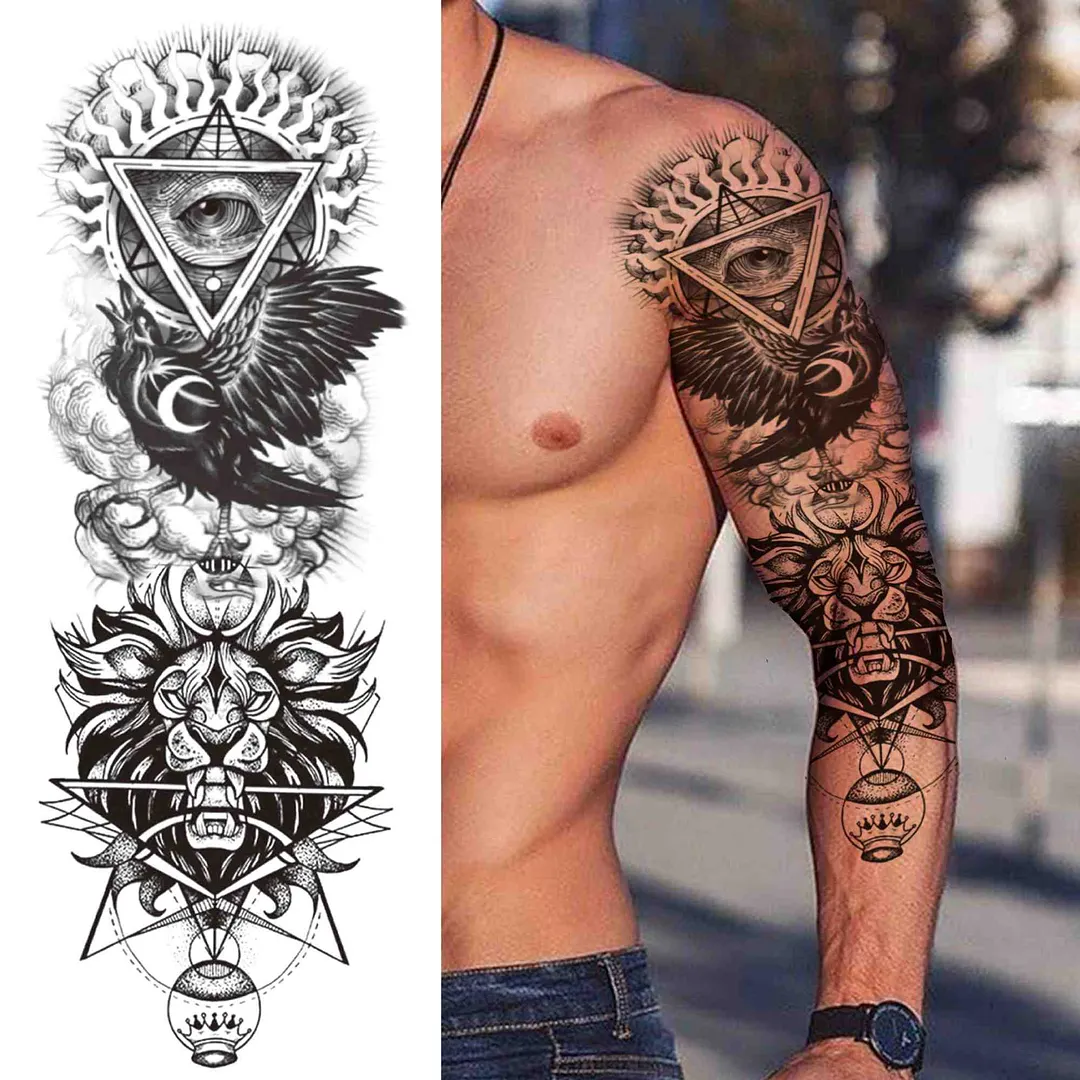 Sexy Girl Flower Temporary Tattoos For Women Men Black Lion Triangle Tattoo Sticker Fake Tribal Full Arm Sleeve Tatoos Paste 1108-1