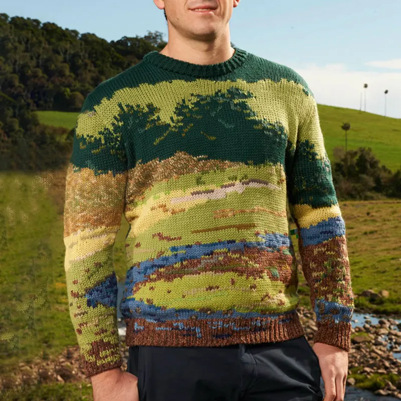 Art Oil Painting Knitted Jacquard Iceland Crew Neck Sweater