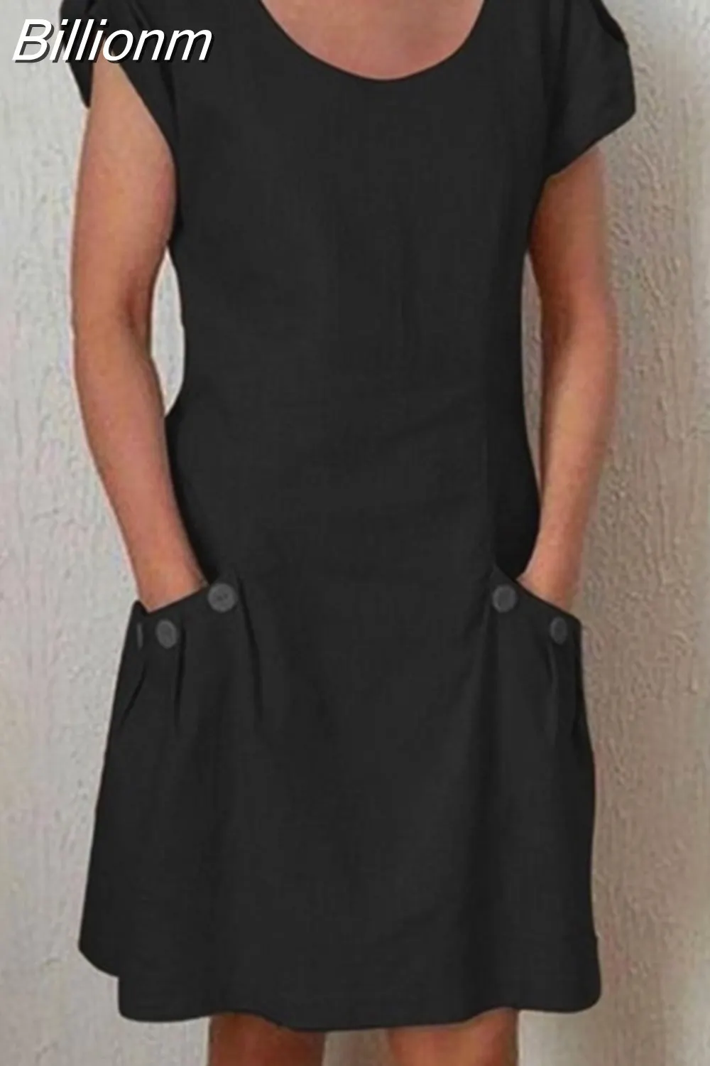 Billionm Color Button O Neck Cotton Linen Summer Dress Women Vintage Short Sleeve Pocket Knee Dress Casual Loose Plus Size Dresses