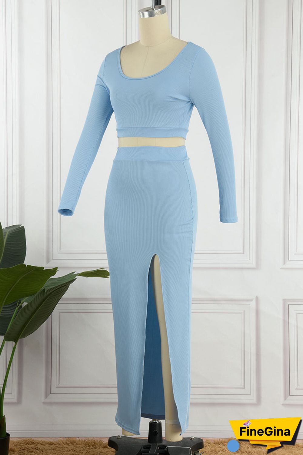 White Sexy Solid Patchwork Slit U Neck Long Sleeve Two Pieces
