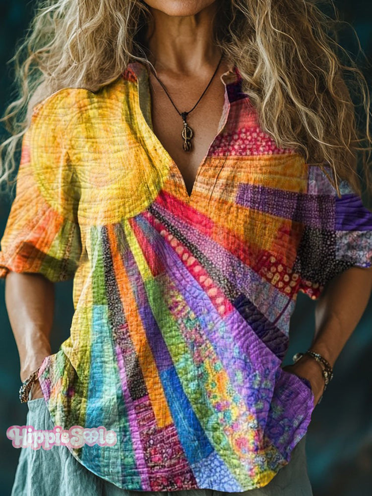 Women&rsquo;s Colorful Sun Collage Art Print Casual Linen V-Neck Shirt Multicolor / S