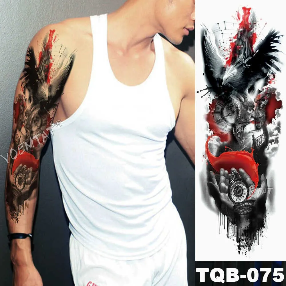 Large Arm Sleeve Tattoo Sketch Lion Tiger Waterproof Temporary Tattoo Sticker Crow Warrior Soldier Men Full Skull Totem Tattoo