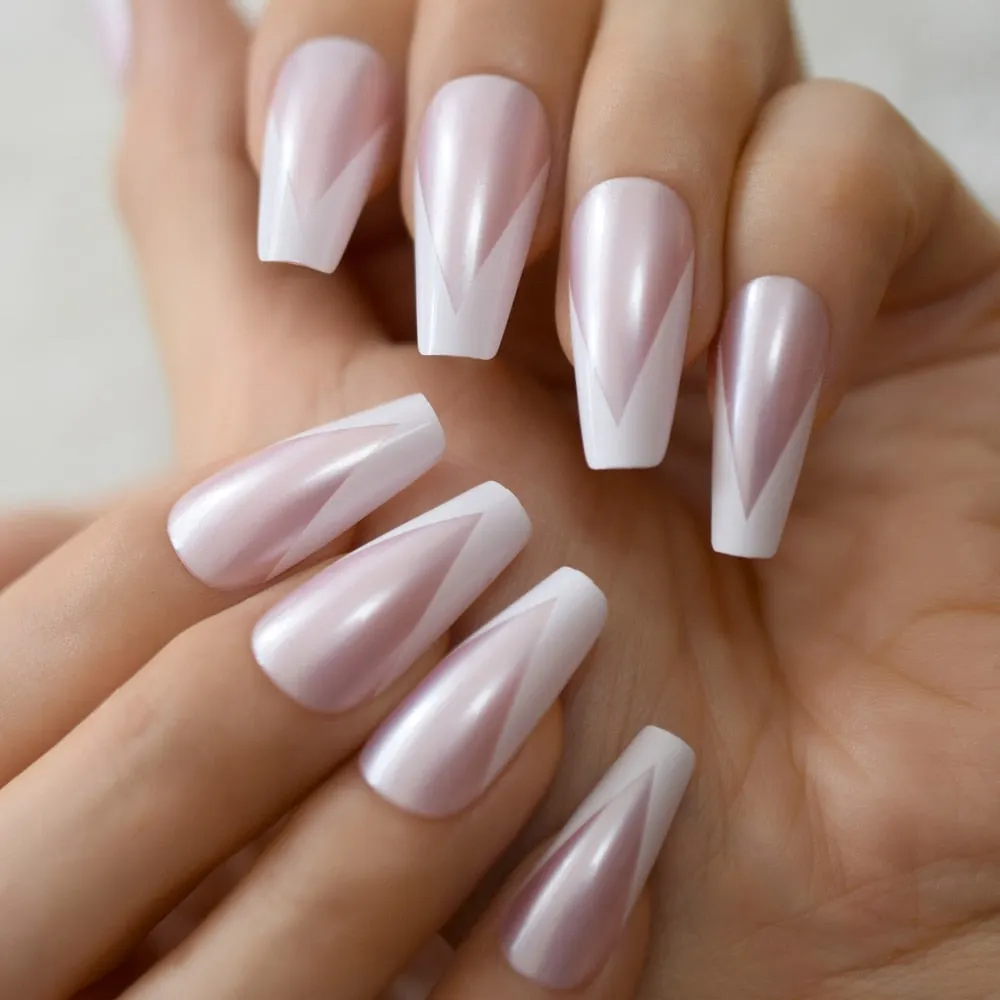 Long Coffin False Press On Nails Pink Black White Abstract Swirl Fake Nails Ballerina Full Cover Gel Glossy Acrylic Nail Tips-Nail Inspo