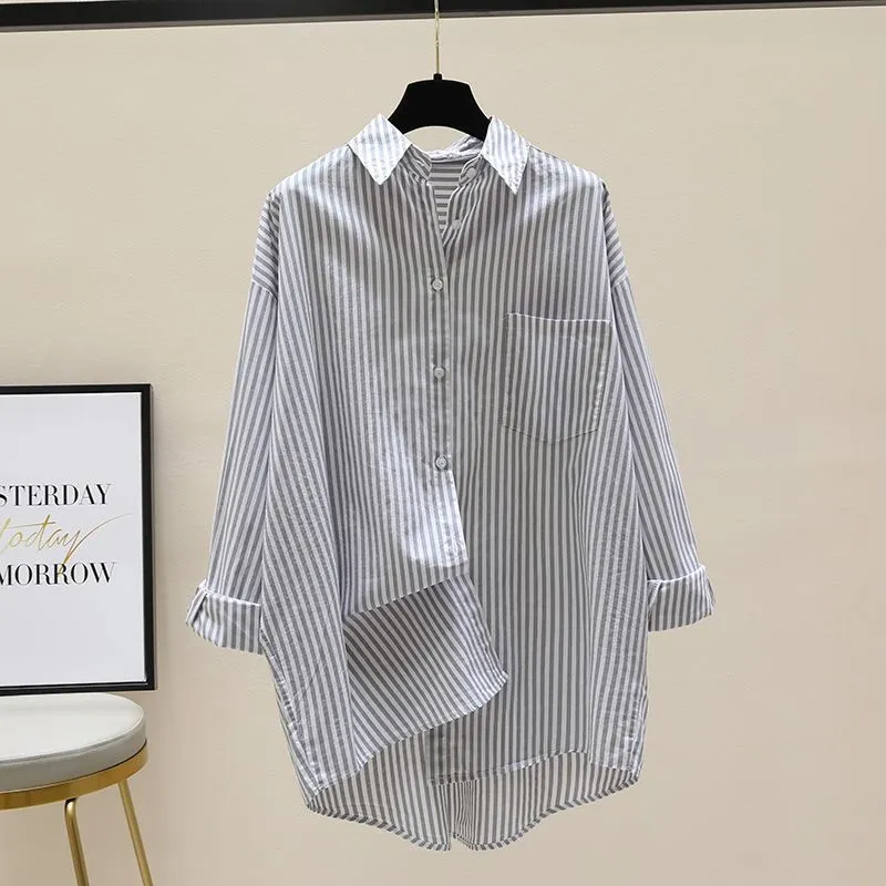 Uveng Uveng Spring And Autumn New Han Fan Literature And Arts Front Short And Rear Long Shirt Women Long Striped Shirt Casual Coat Summer