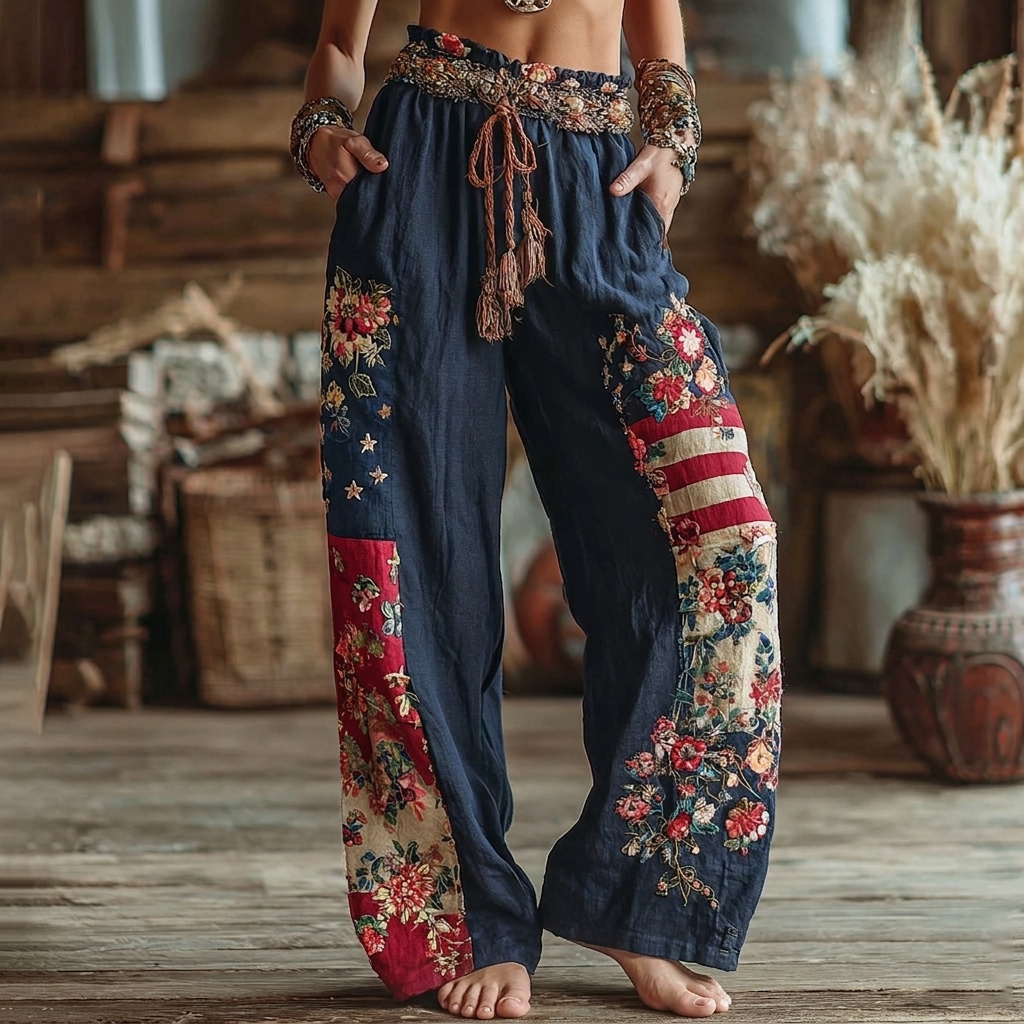 Comstylish Women's Floral Patchwork Art Print Casual Pants