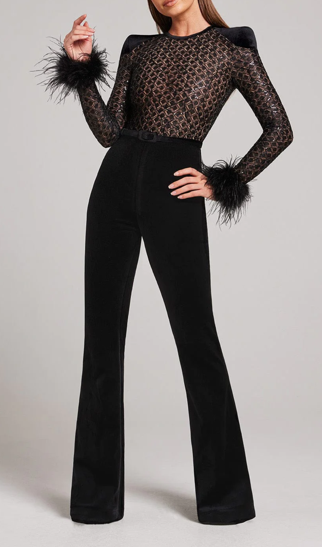 Fashionslee WomenAysel Black Feather Sequin Jumpsuit