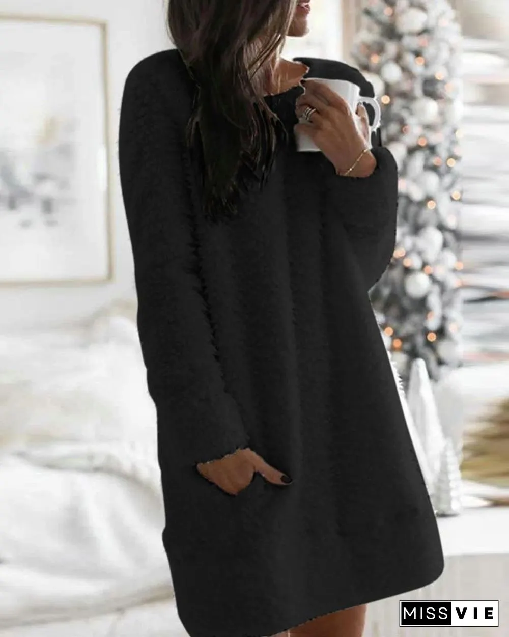 Pocket Design Plain Fluffy Dress P14086