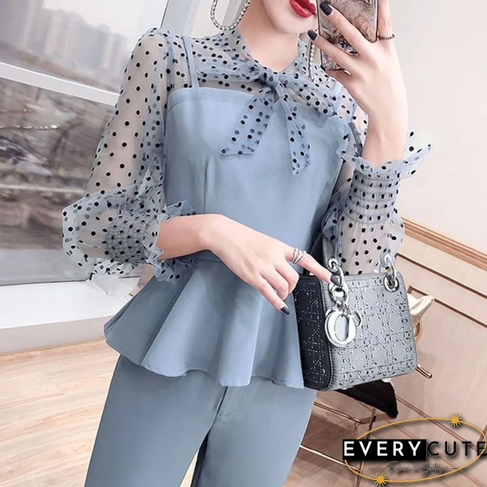 Office Fashion Two Piece Pants Sets Outfits Women Bow Dot Print Patchwork Tunics Tops + Pants Suits Korean Workwear Sets