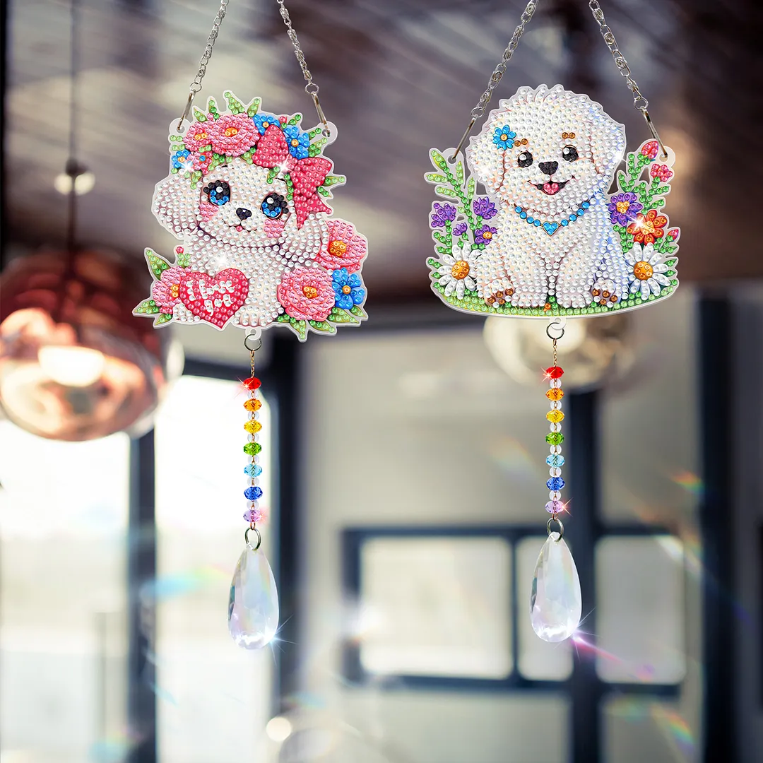 2Pcs Dog DIY Acrylic Diamond Painting Art Wind Chimes with Crystal Pendant Diamond Art Hanging Pendant Double-Sided for Adults Beginners Gift Home Garden Decor