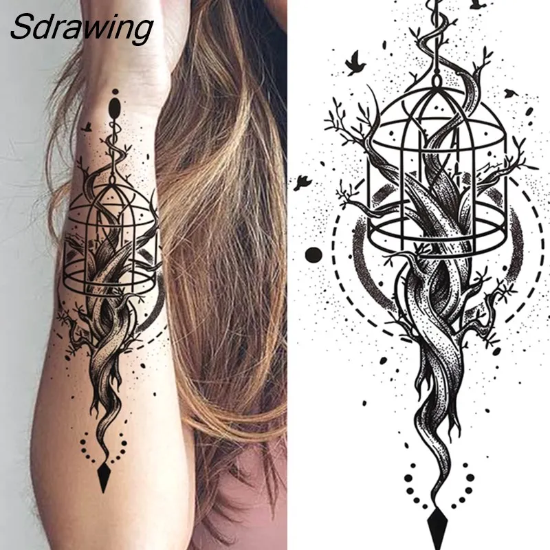 Sdrawing Tiger Temporary Tattoos For Men Women Kids Lion Skull Cross Tattoo Sticker Black Compass Skeleton Tatoos Leg Thigh 328-0