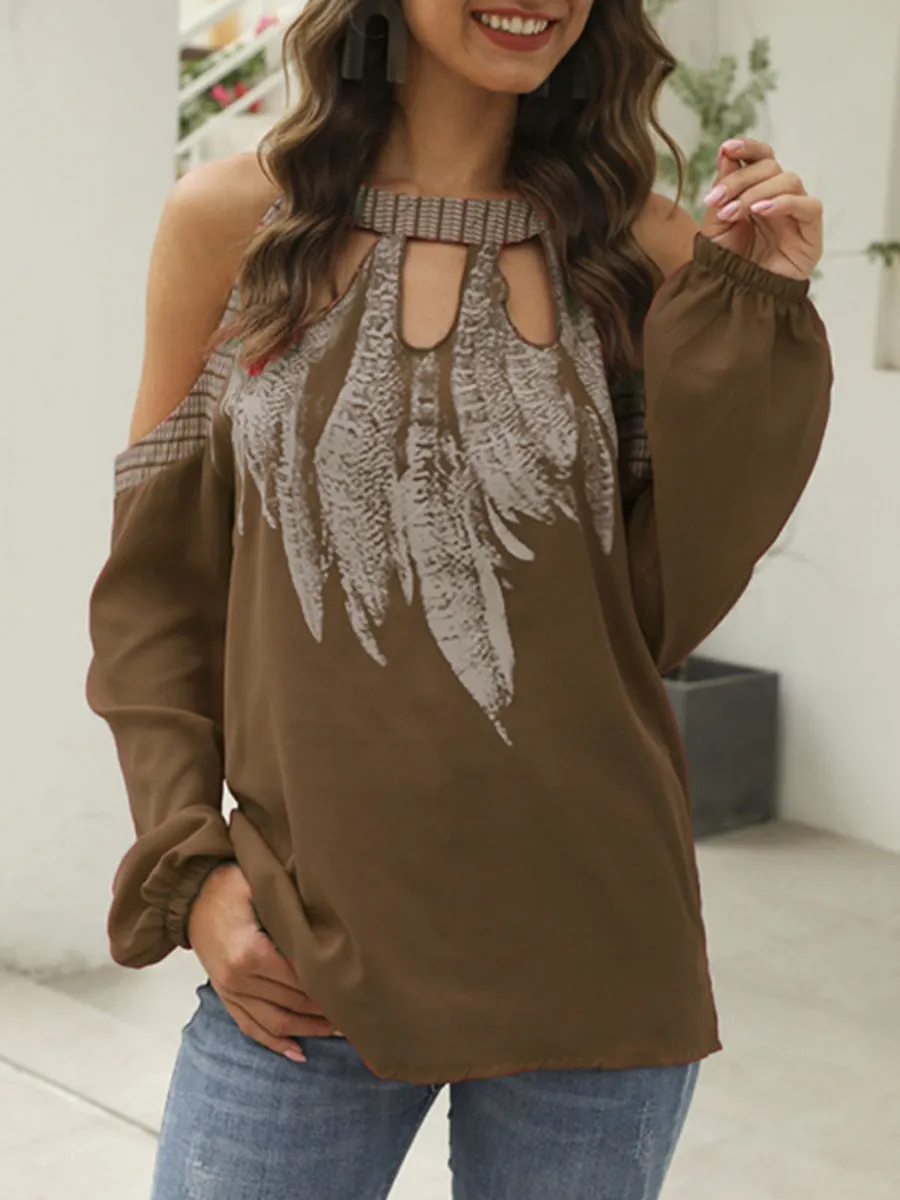 Off Shoulder Long Sleeves Printed Blouse