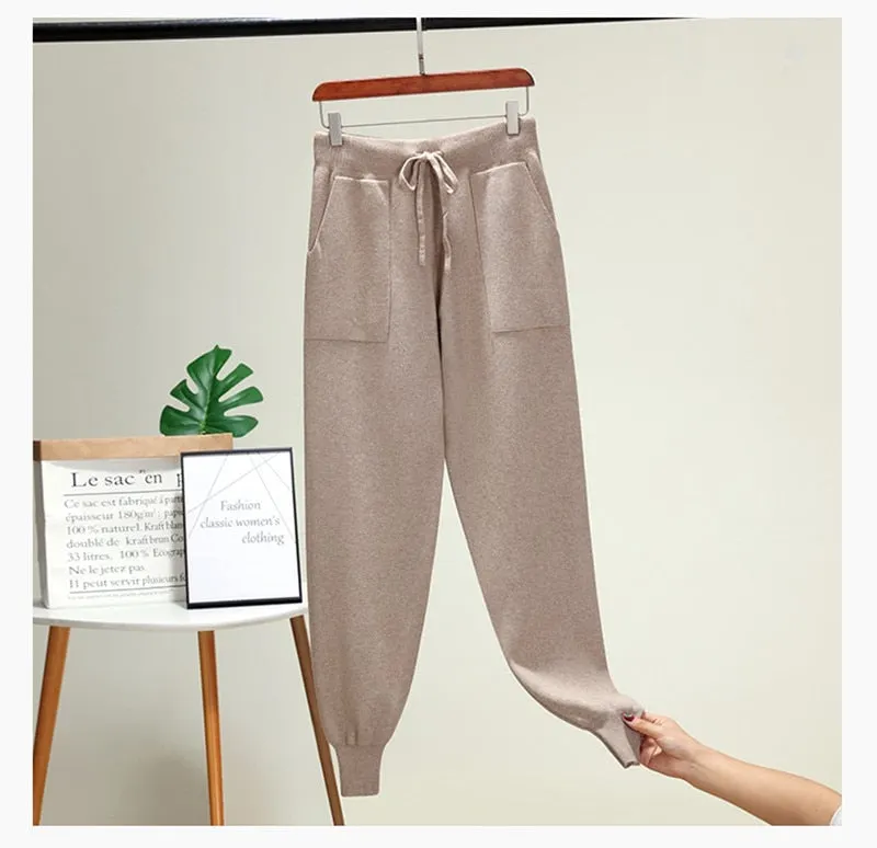 Women Elastic Waist Drawstring Trousers Thick Knitted Harem Pants Autumn Winter Sport swear Women'S Pants New Bottoms
