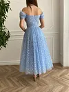 Light Baby Blue Sparkling Prom Dress Off The Shoulder Sweetheart Tulle A Line With Belt Tea Length Ball Gown Party Special Occasion Princess