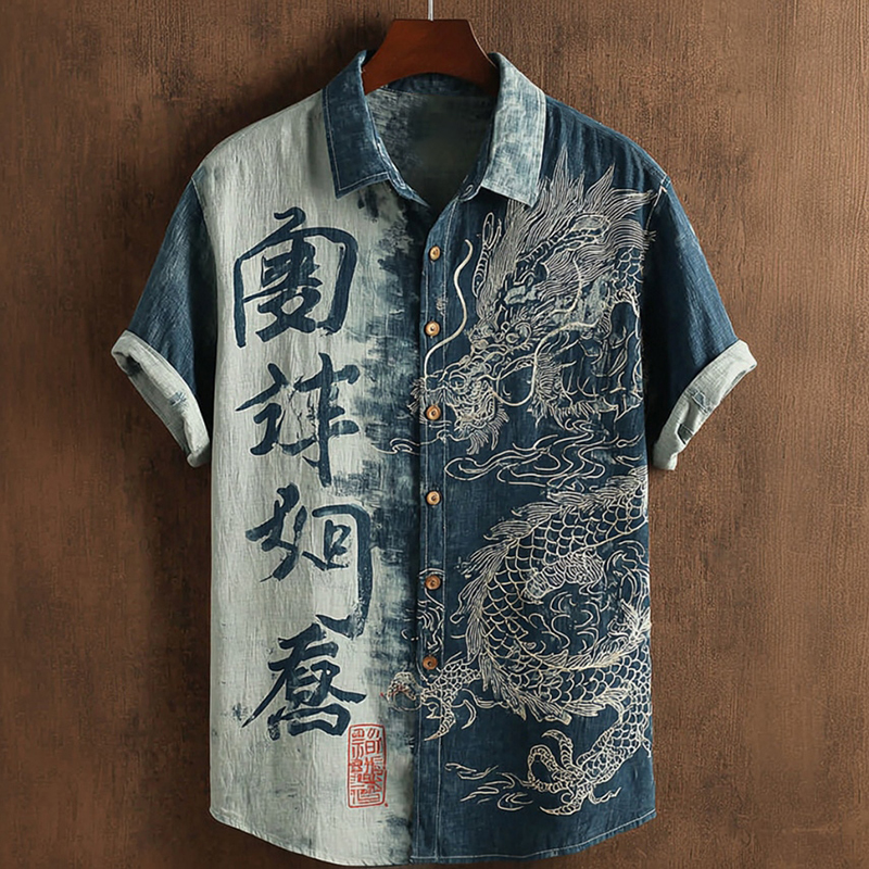 Men's Retro Tie-dye Dragon Pattern Short-sleeve Shirt elevenforest