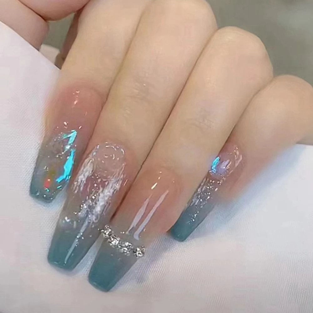 Churchf Detachable Coffin False Nails Wearable French Ballerina Blue Glitter Rhinestone Fake Nails Full Cover Nail Tips Press On N-Nail Inspo