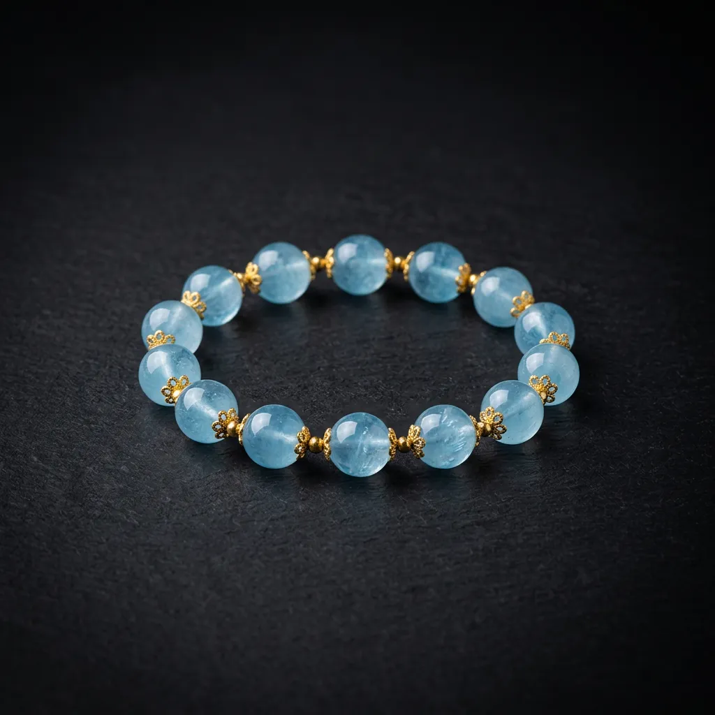 JiStones Eternal Serenity: Natural Aquamarine Ice Seed Crystal Bracelet Luminous Gold Accents