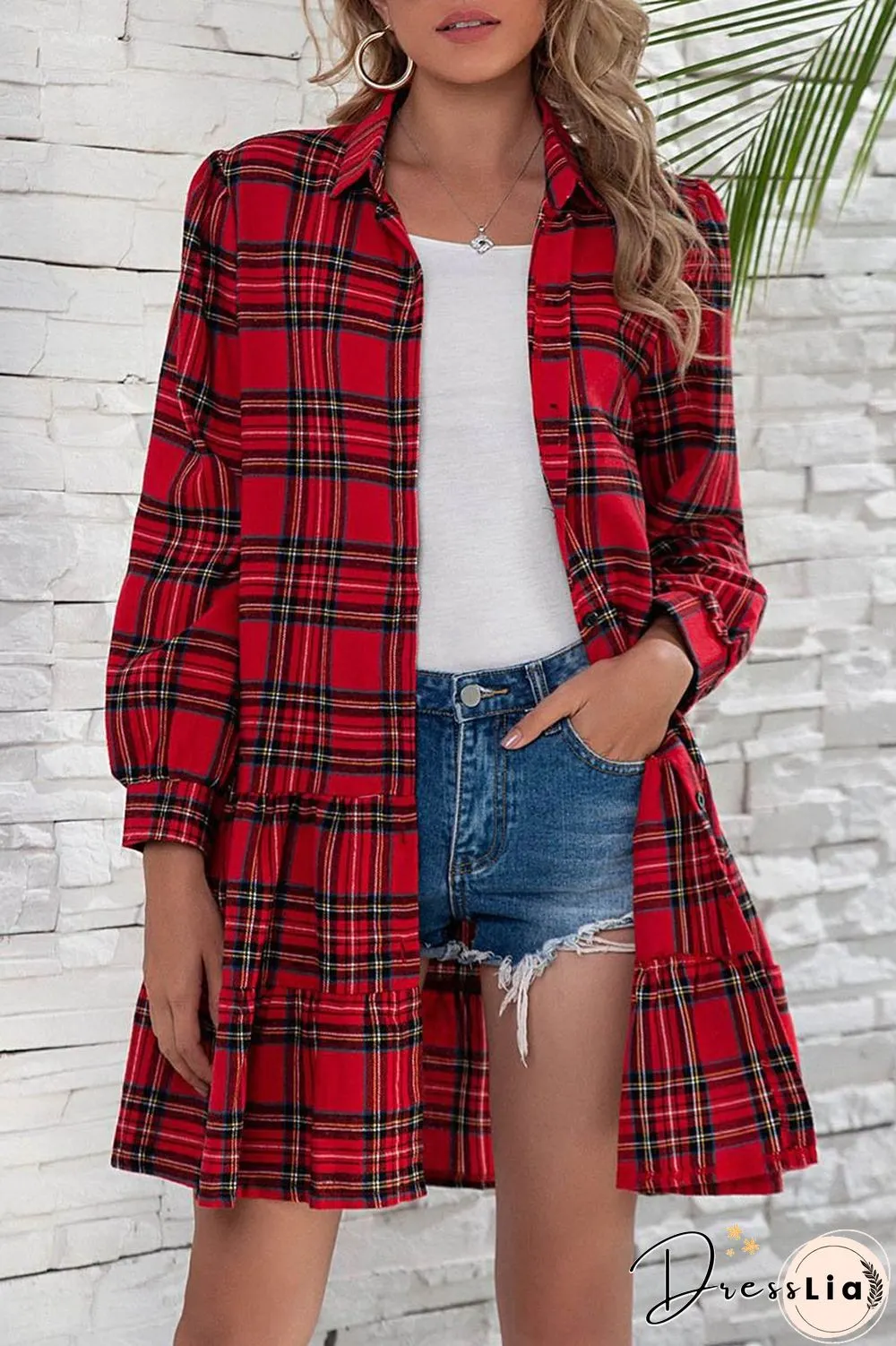 Plaid Shirt Long Sleeve Single Dress
