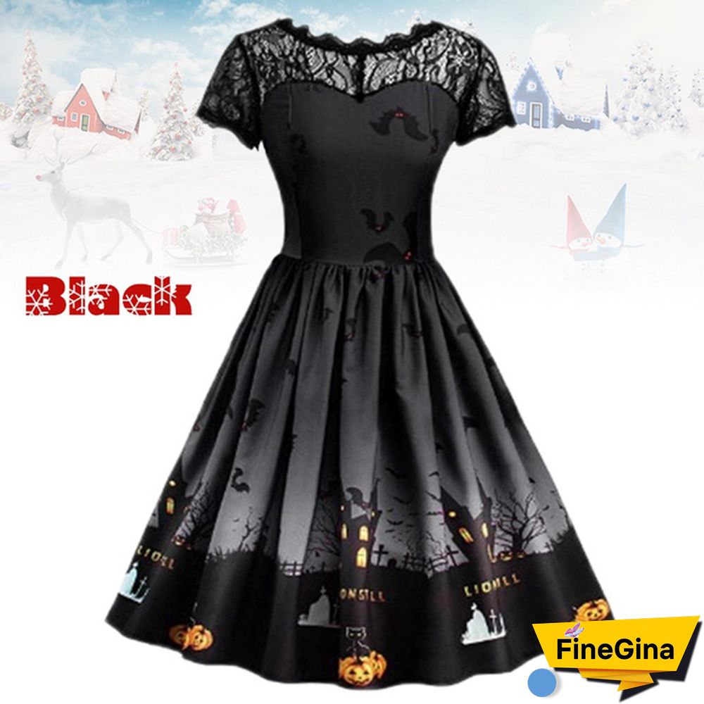 Plus Size Fashion Women Pumpkin Snowflake Print Dress Short Sleeve Lace Dress Christmas Halloween Costume Knee Length Party Dresses